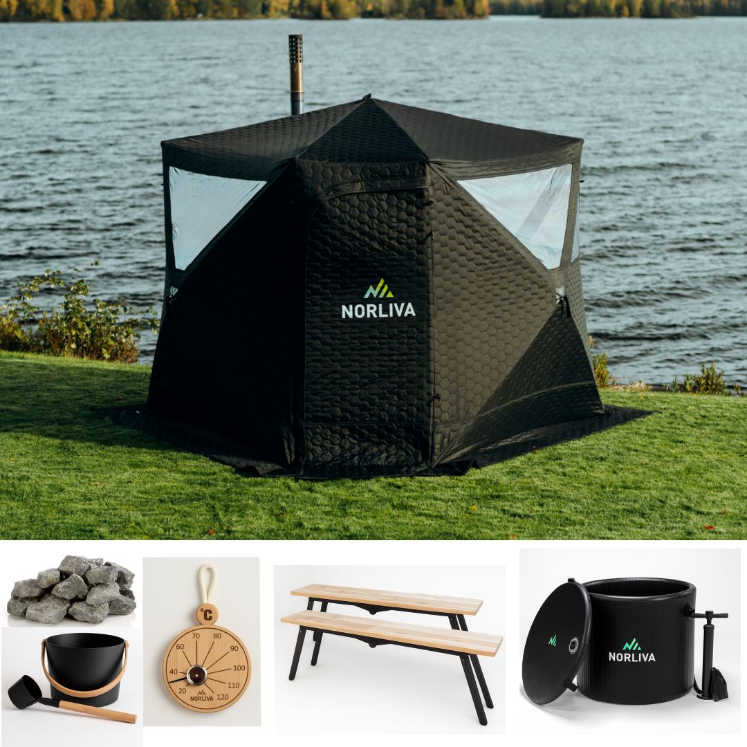 Ensemble : tente sauna Dalen + poêle + accessoires sauna + bancs + baignoire glacée