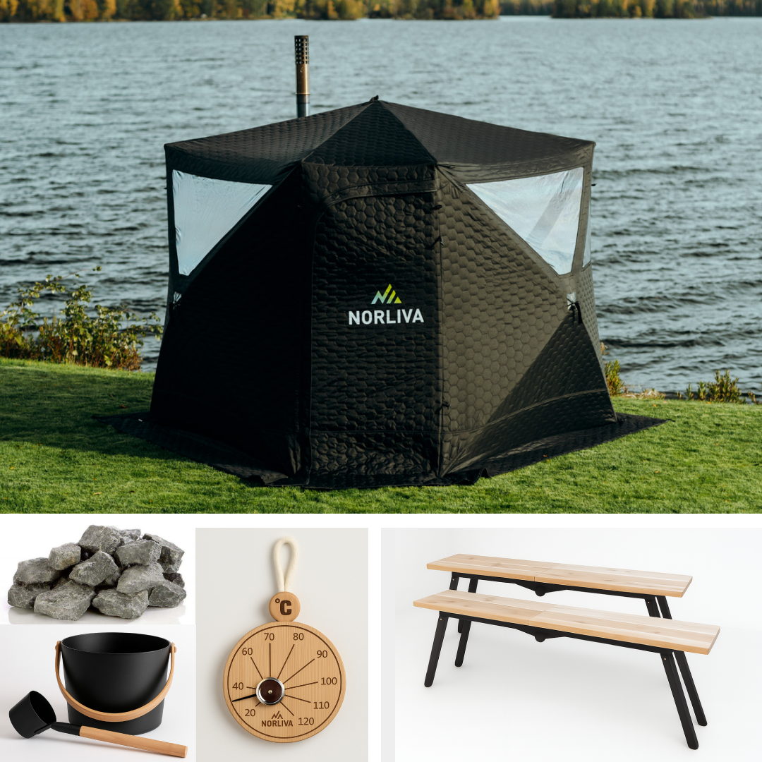 Ensemble : tente sauna Dalen + poêle + accessoires sauna + protection contre la pluie + bancs