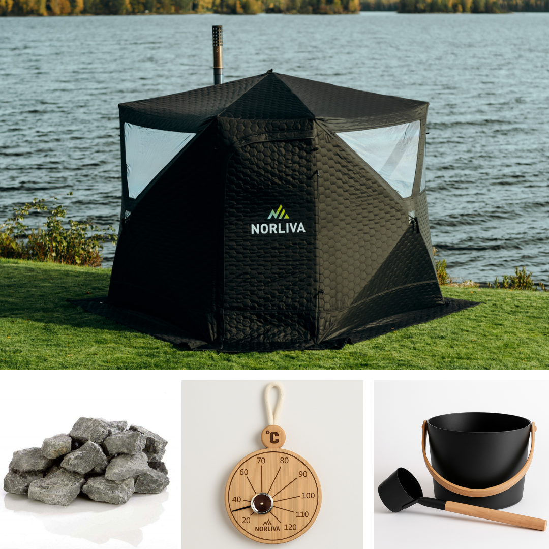Ensemble : tente sauna Dalen + poêle + accessoires sauna + protection pluie