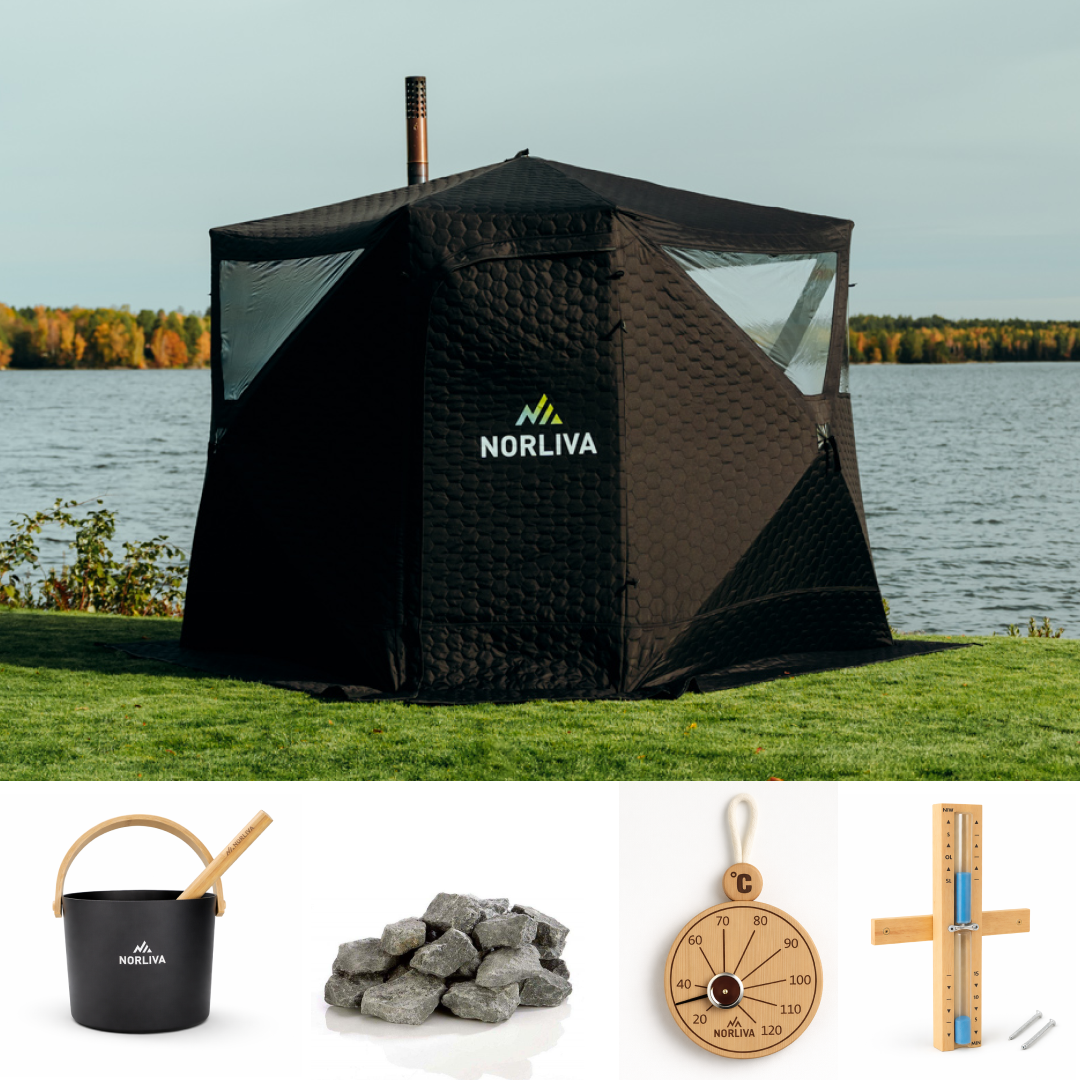 Ensemble : Tente de sauna Dalen 3.0 + poêle + accessoires de sauna