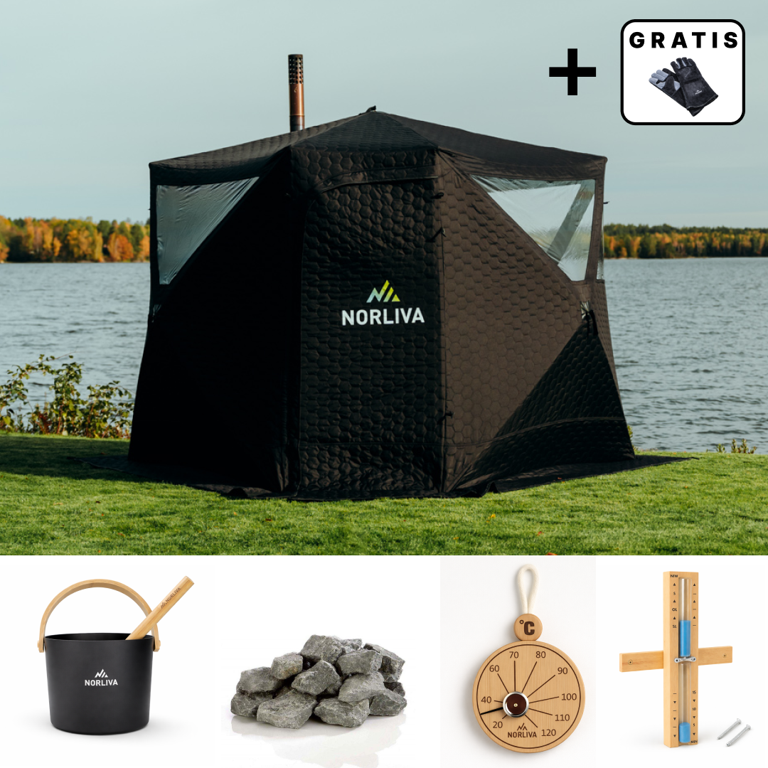 Ensemble : Tente de sauna Dalen 3.0 + poêle + accessoires de sauna