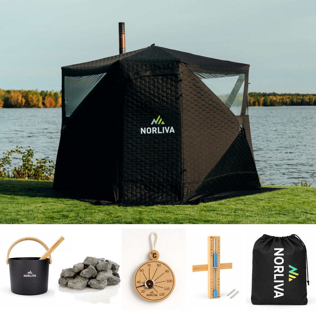 Ensemble : Tente de sauna Dalen 3.0 + poêle + accessoires de sauna + protection pluie