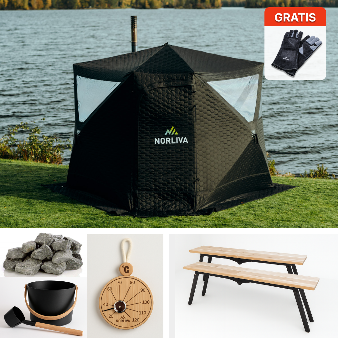 Ensemble : tente sauna Dalen + poêle + accessoires sauna + protection contre la pluie + bancs