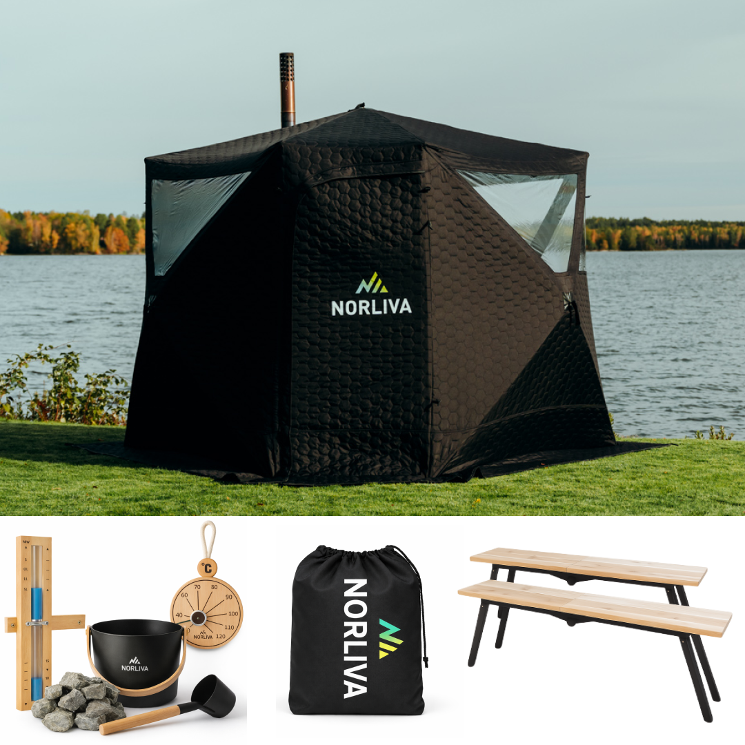 Ensemble : Tente de sauna Dalen 3.0 + poêle + accessoires de sauna + protection contre la pluie + bancs