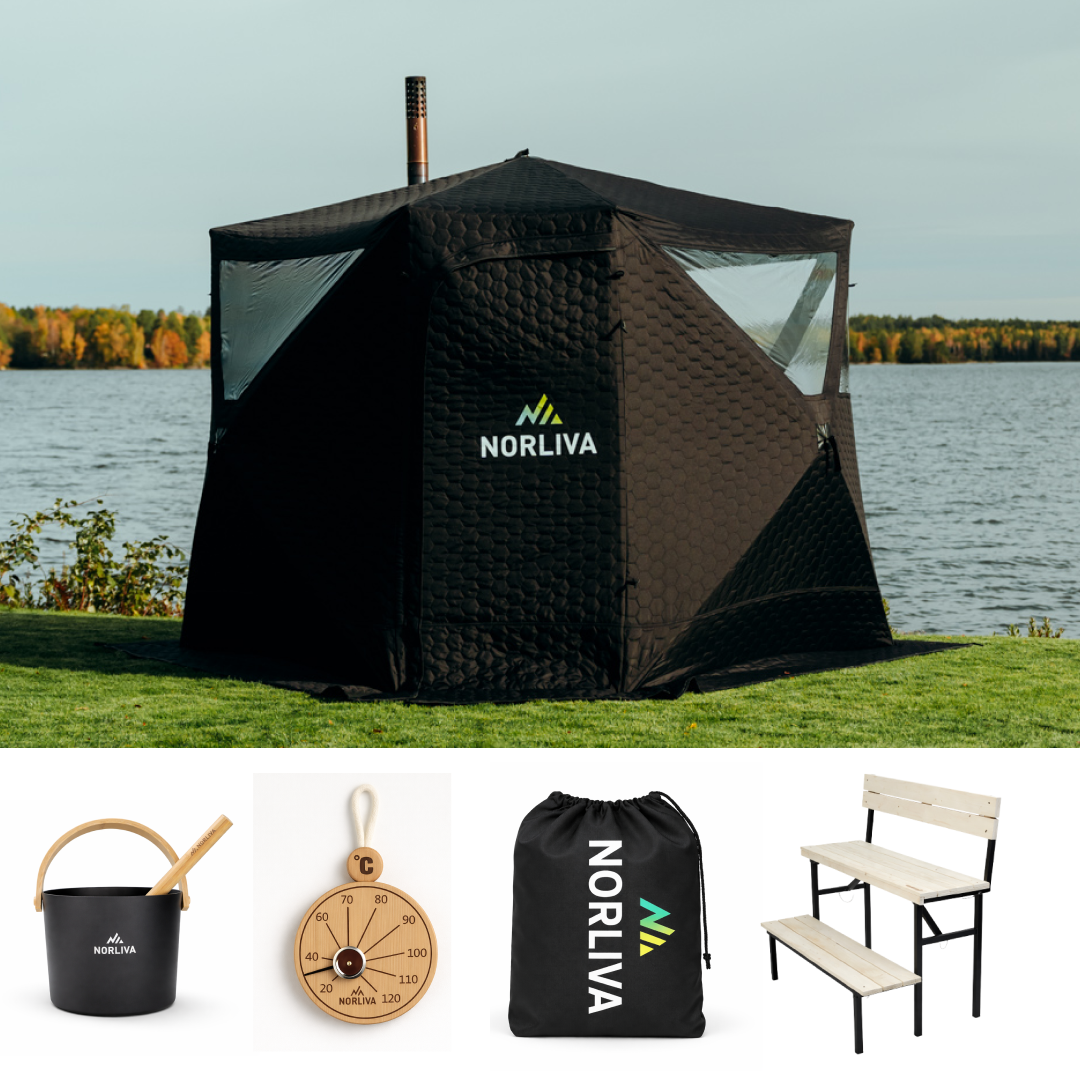Ensemble : tente sauna Dalen 3.0 + poêle + accessoires de sauna + protection contre la pluie + banc à deux niveaux