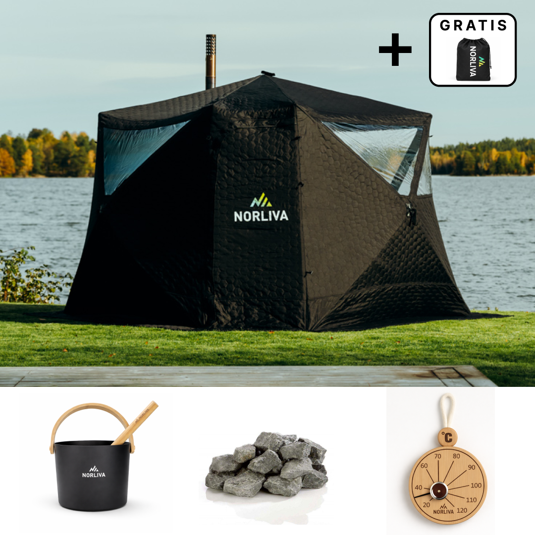 Set : tente-sauna Fjorden + poêle + accessoires de sauna