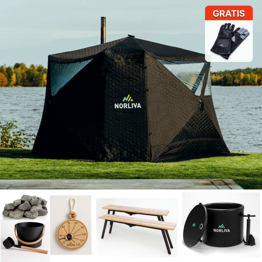 Ensemble : tente sauna Fjorden + poêle + accessoires sauna + bancs + baignoire glacée