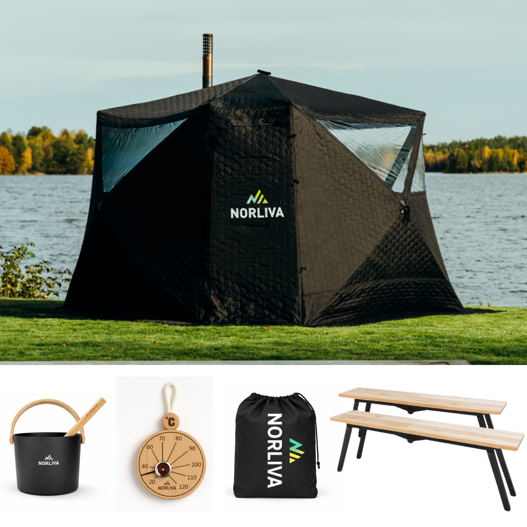 Set : tente de sauna Fjorden + poêle + accessoires de sauna + protection contre la pluie + bancs