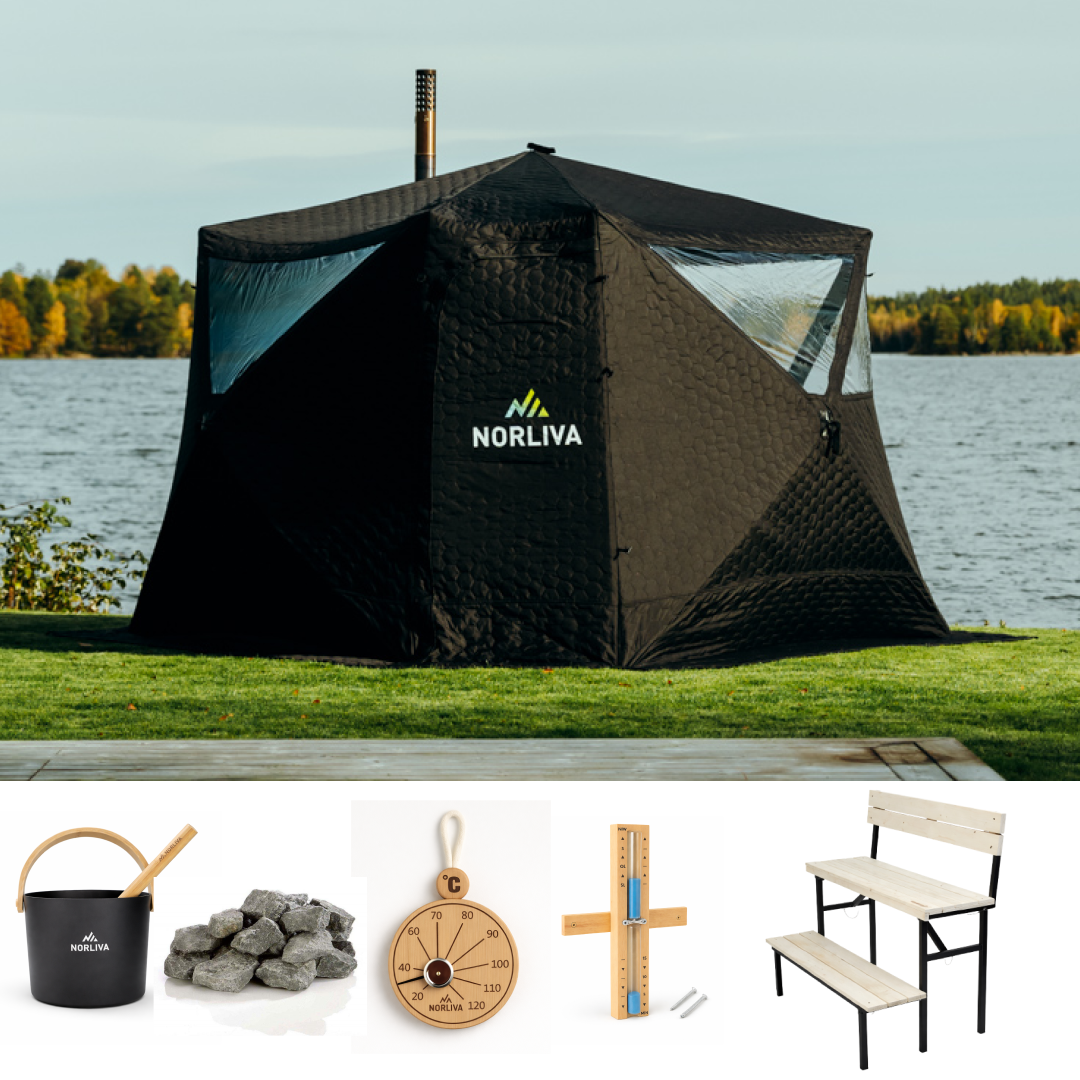 Ensemble : Tente de sauna Fjorden + poêle + accessoires de sauna + banc à deux niveaux