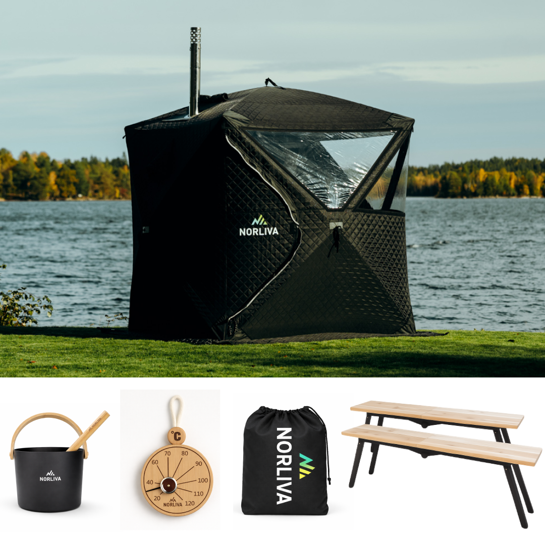 Ensemble : tente sauna Isen 3.0 + poêle + accessoires de sauna + protection contre la pluie + bancs