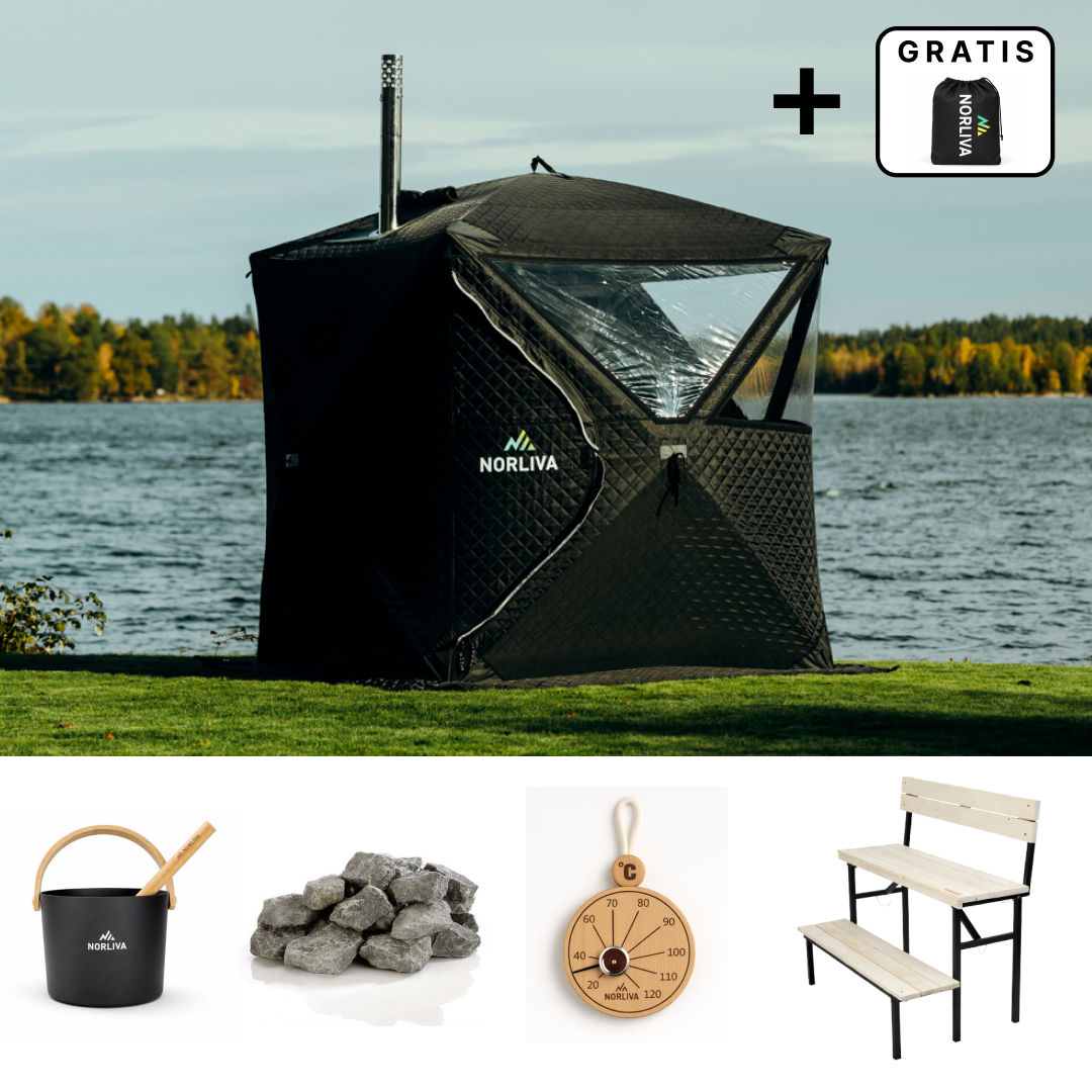 Ensemble : tente sauna Isen 3.0 + poêle + accessoires de sauna + protection contre la pluie + banc à deux niveaux