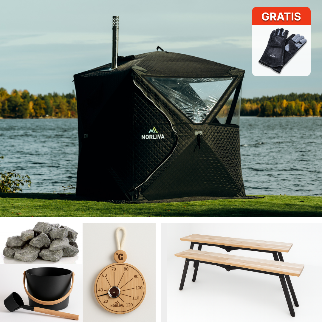 Ensemble : tente sauna Isen + poêle + accessoires sauna + bancs