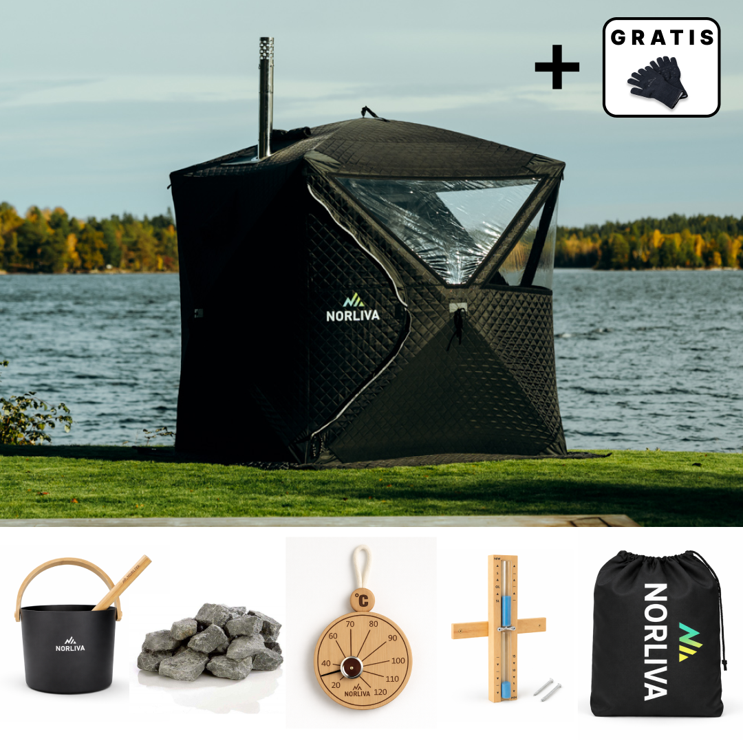 Set : tente de sauna Isen + poêle + accessoires de sauna + protection de pluie