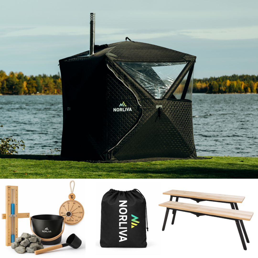 Kit : Tente de sauna Isen 2.0 + poêle de sauna + accessoires de sauna + protection contre la pluie + bancs