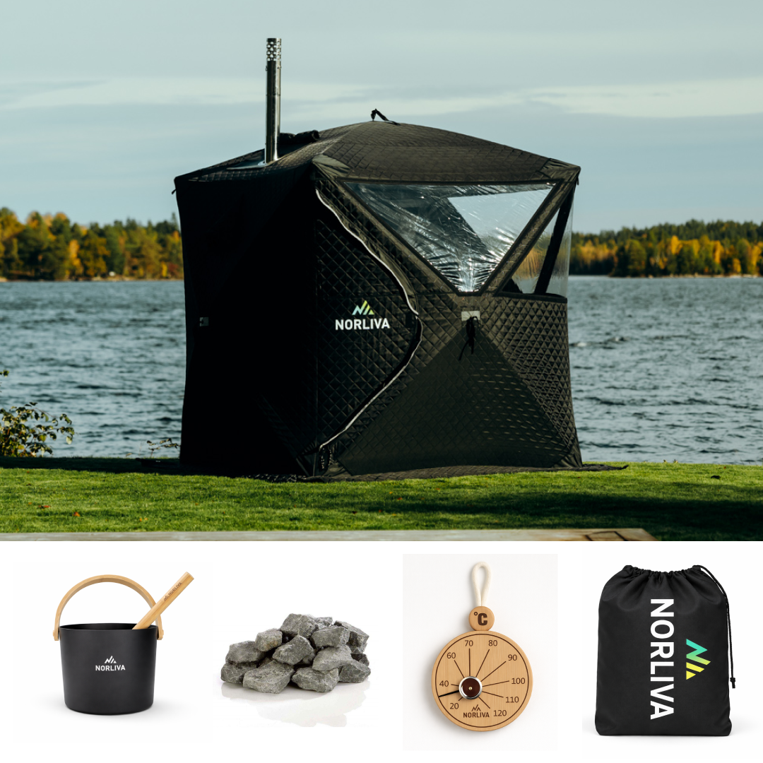 Kit : tente-sauna Isen 3.0 + poêle + accessoires de sauna + protection contre la pluie