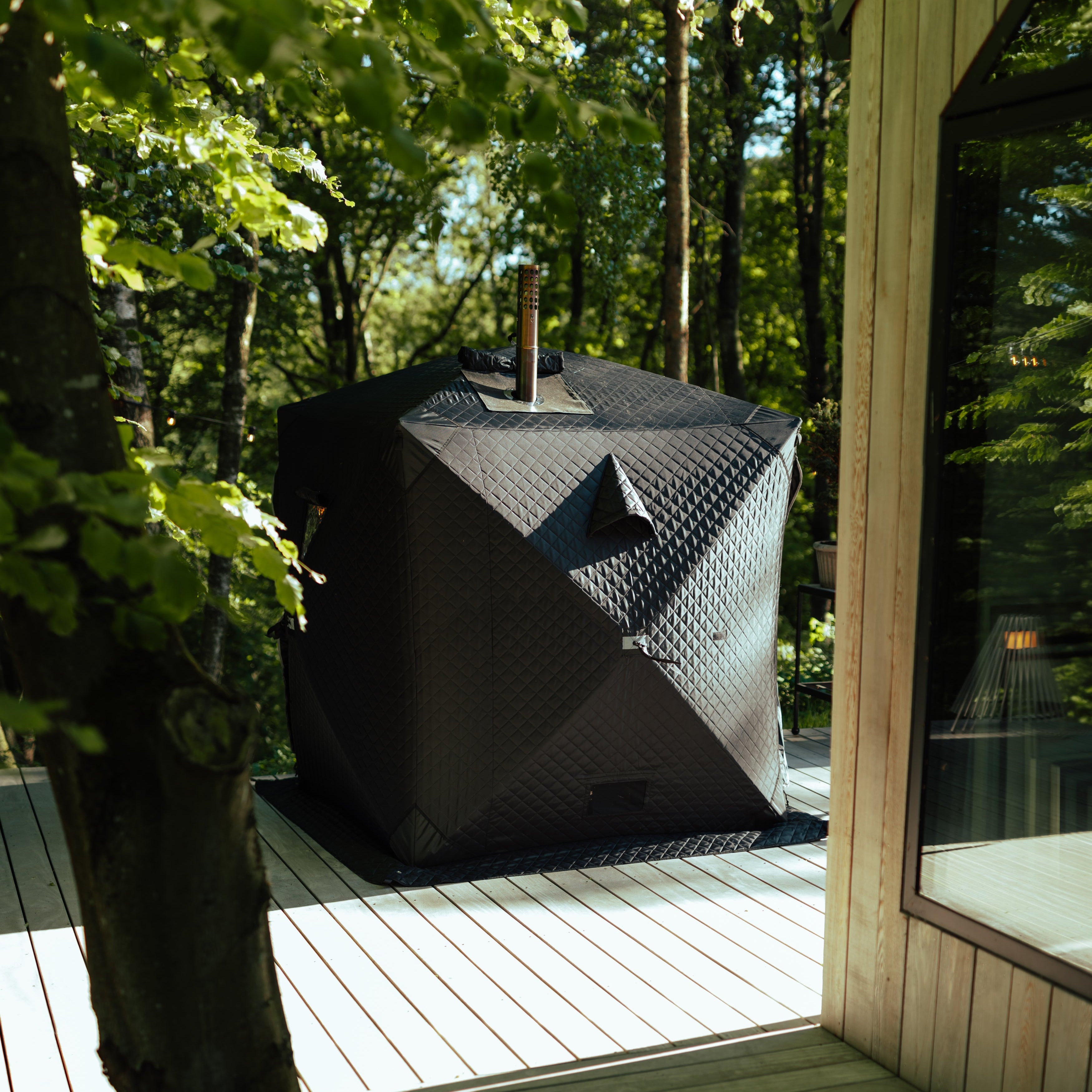 Ensemble : tente sauna Isen + poêle + bancs + tonneau à glace