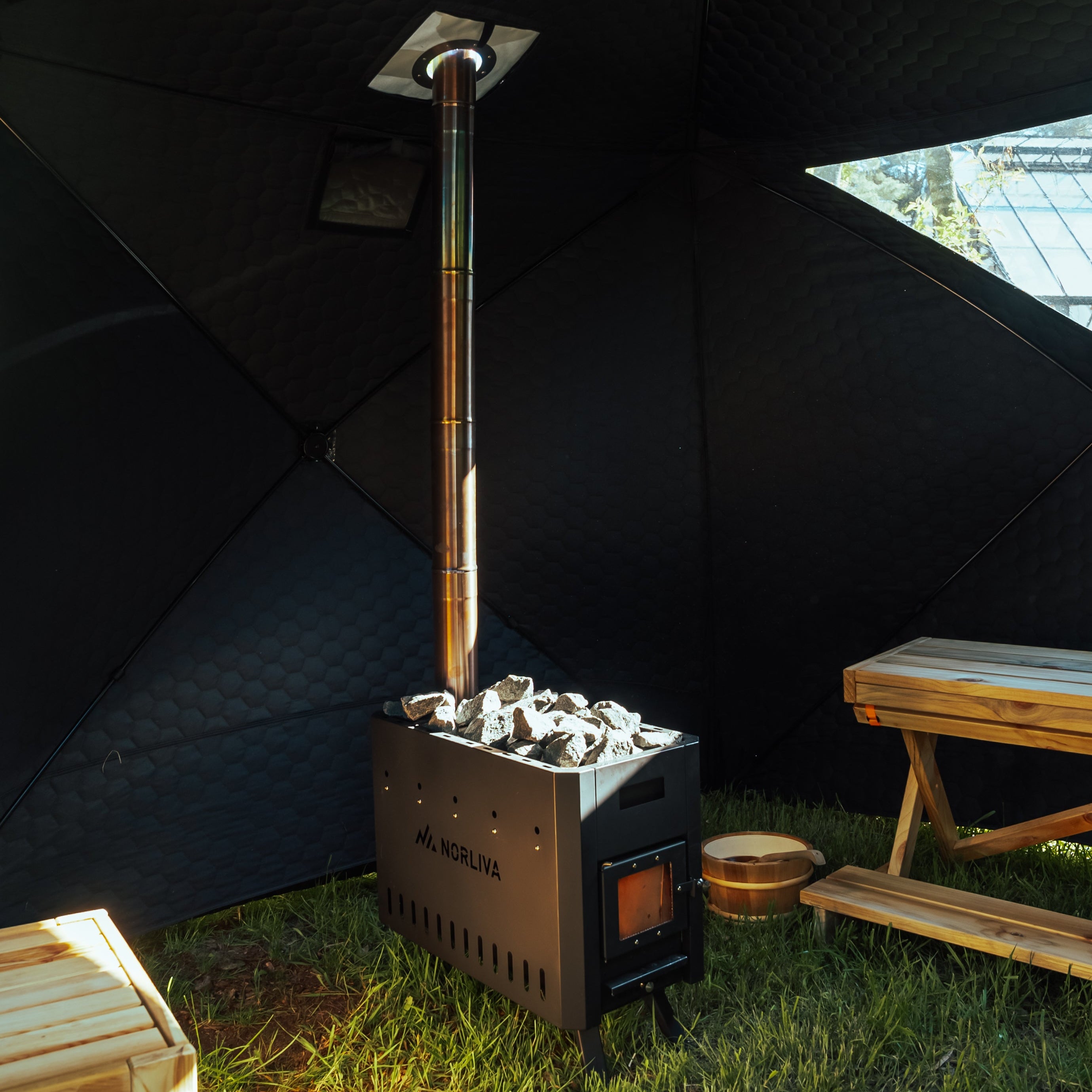 Ensemble : Tente de sauna Dalen 3.0 + poêle + accessoires de sauna + protection contre la pluie + bancs