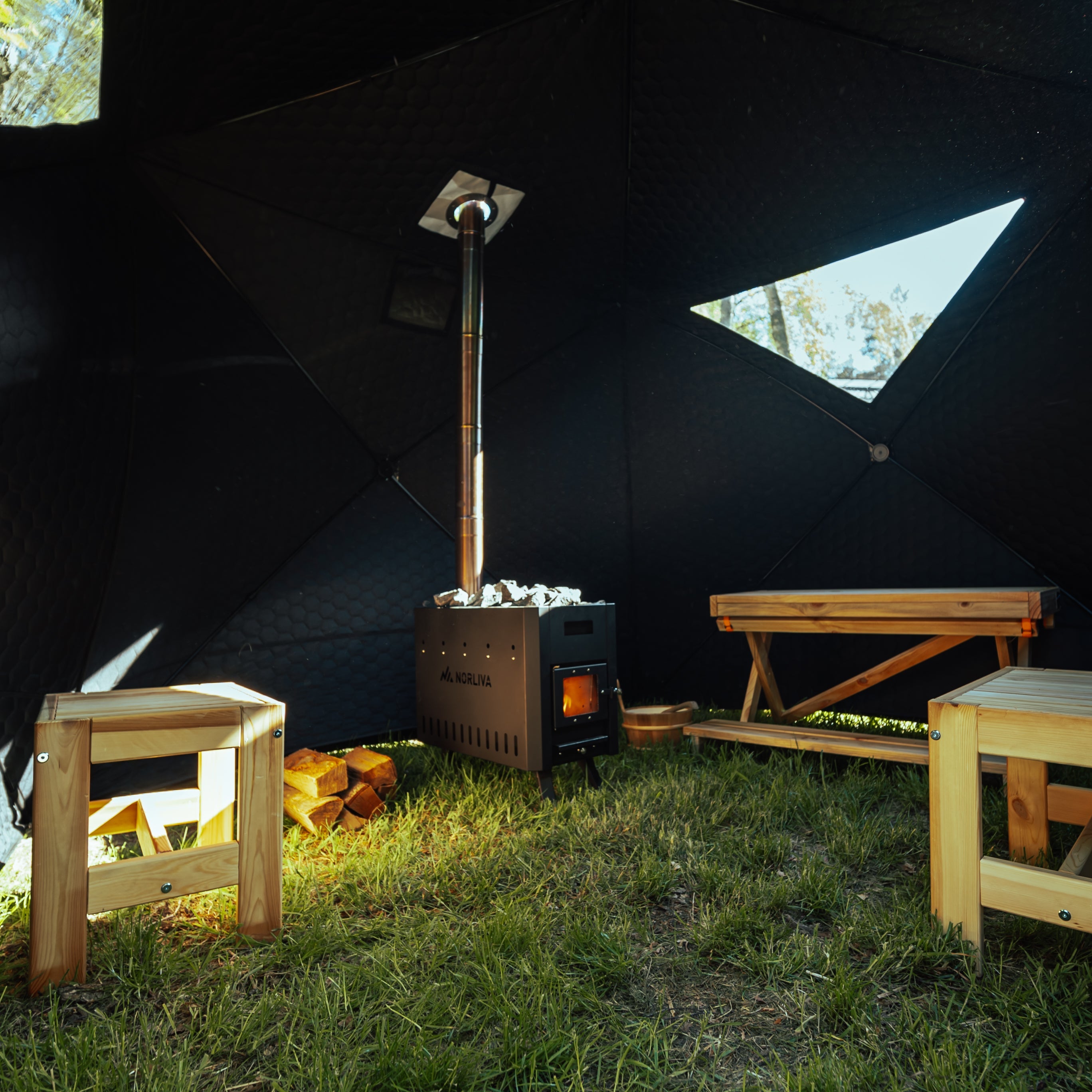 Ensemble : tente sauna Fjorden + poêle + accessoires sauna + bancs + baignoire glacée