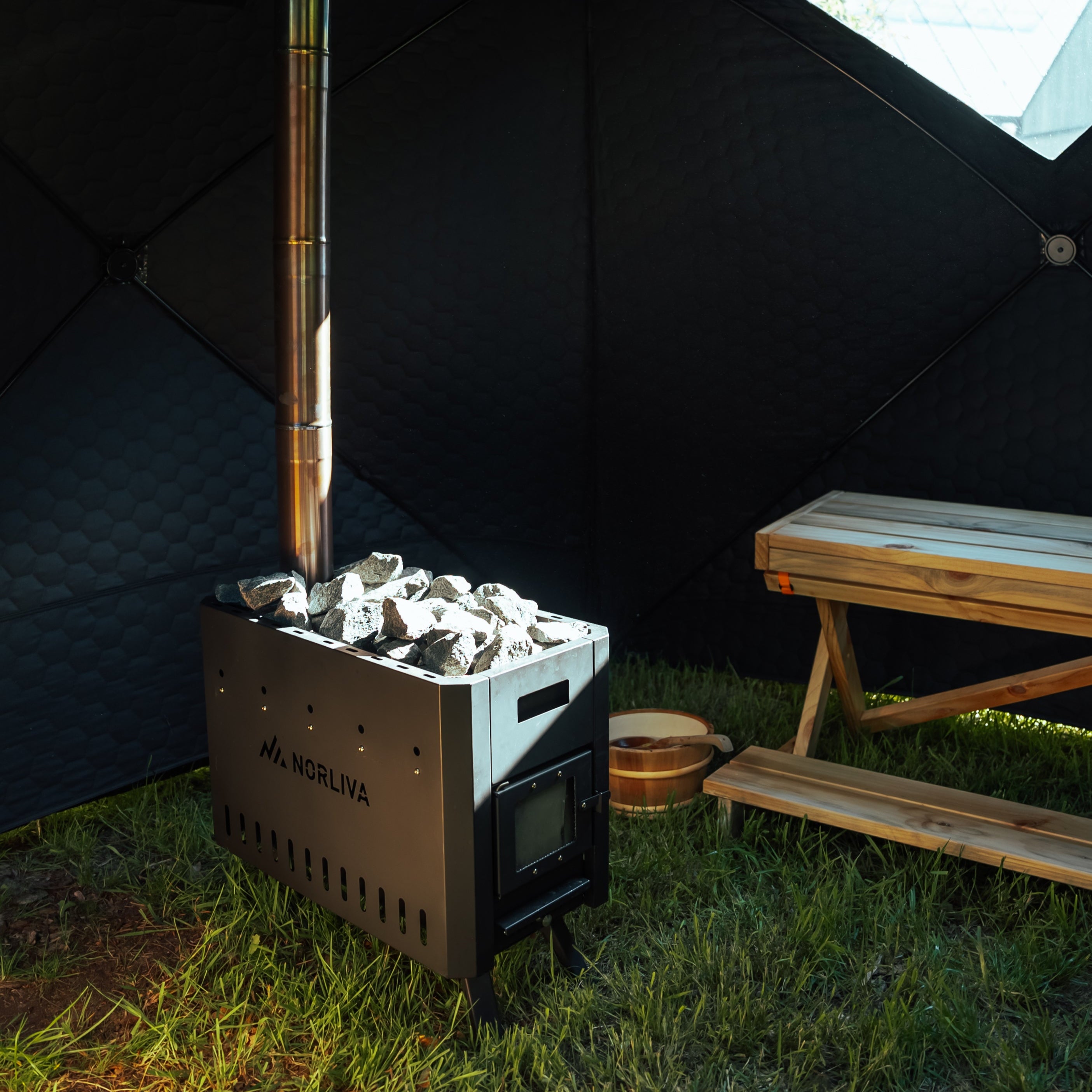 Set : Tente de sauna Fjorden + Poêle + Accessoires sauna