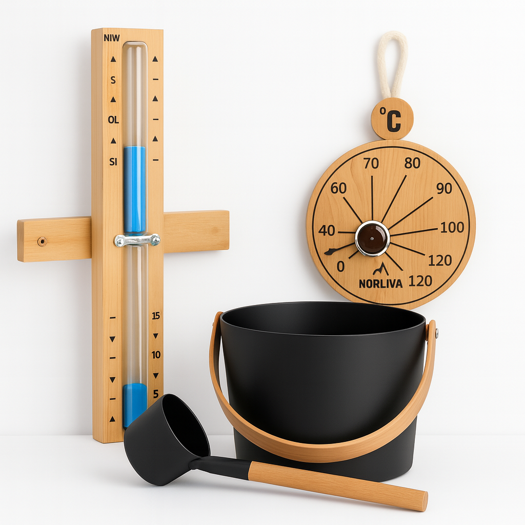 Sauna-Zubehör: Saunaeimer+Kelle, Thermometer, Saunasanduhr