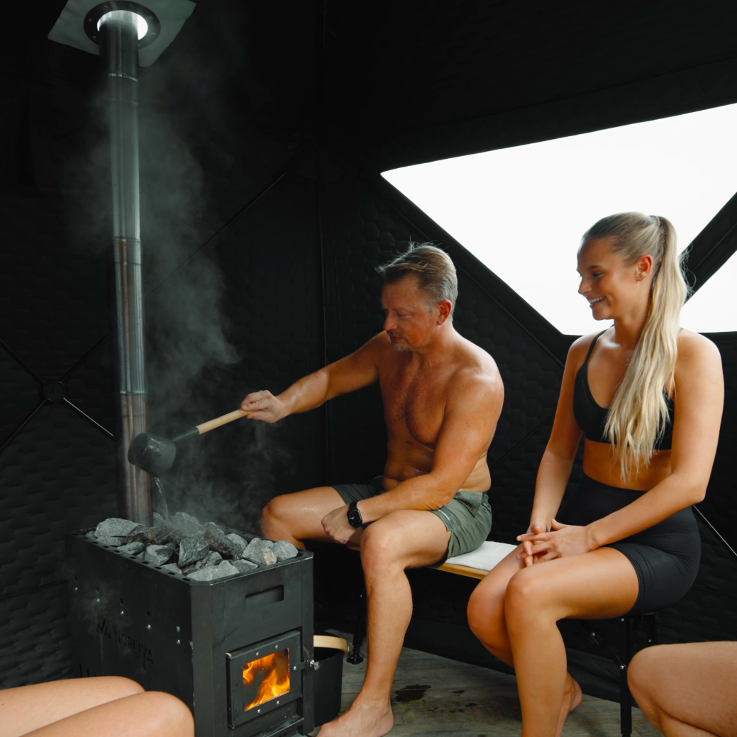 Set: Tente de sauna Dalen 3.0 + poêle + accessoires de sauna + housse de protection contre la pluie + banc à deux niveaux