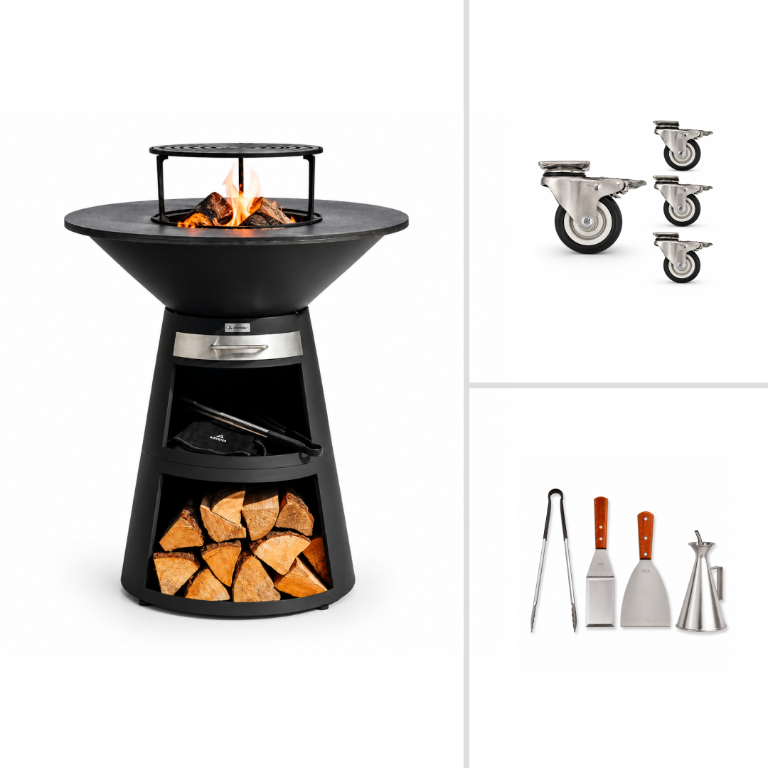 Ensemble : gril plancha à feu Aska + accessoires de barbecue + roulettes