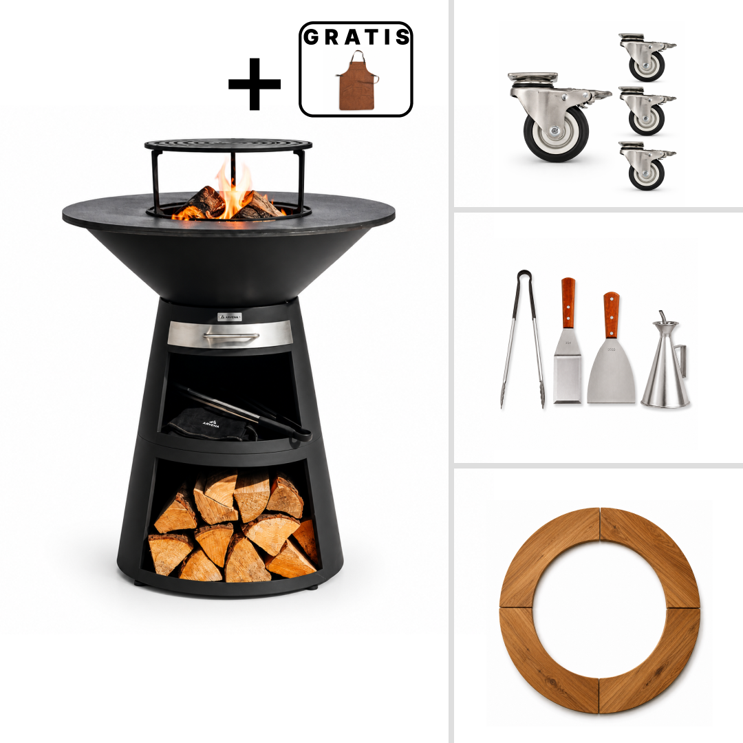 Ensemble : gril plancha à feu Aska + accessoires de barbecue + roulettes + bordure en bois en 4 pièces