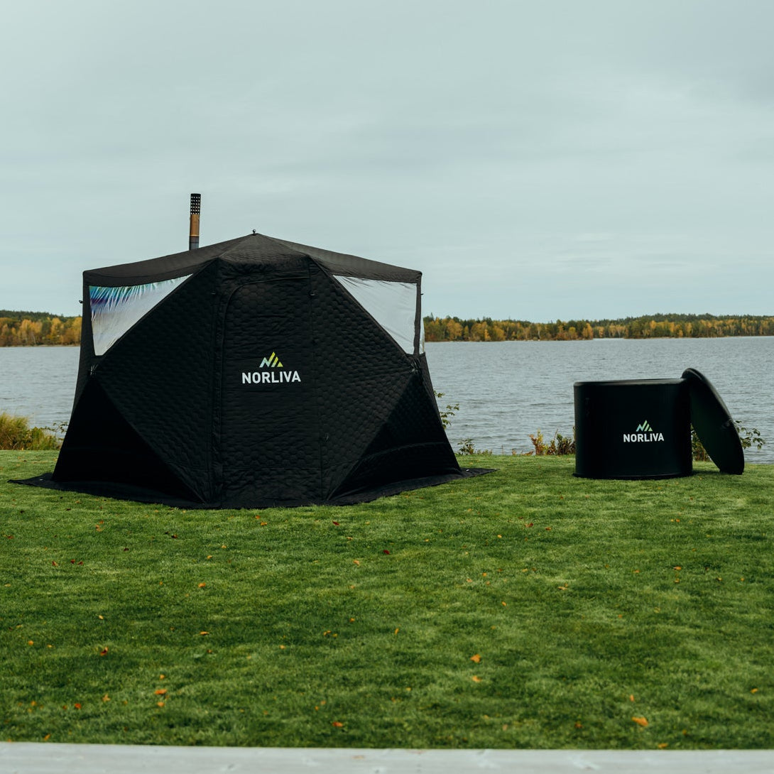 Ensemble : tente sauna Fjorden + poêle + accessoires sauna + bancs + baignoire glacée