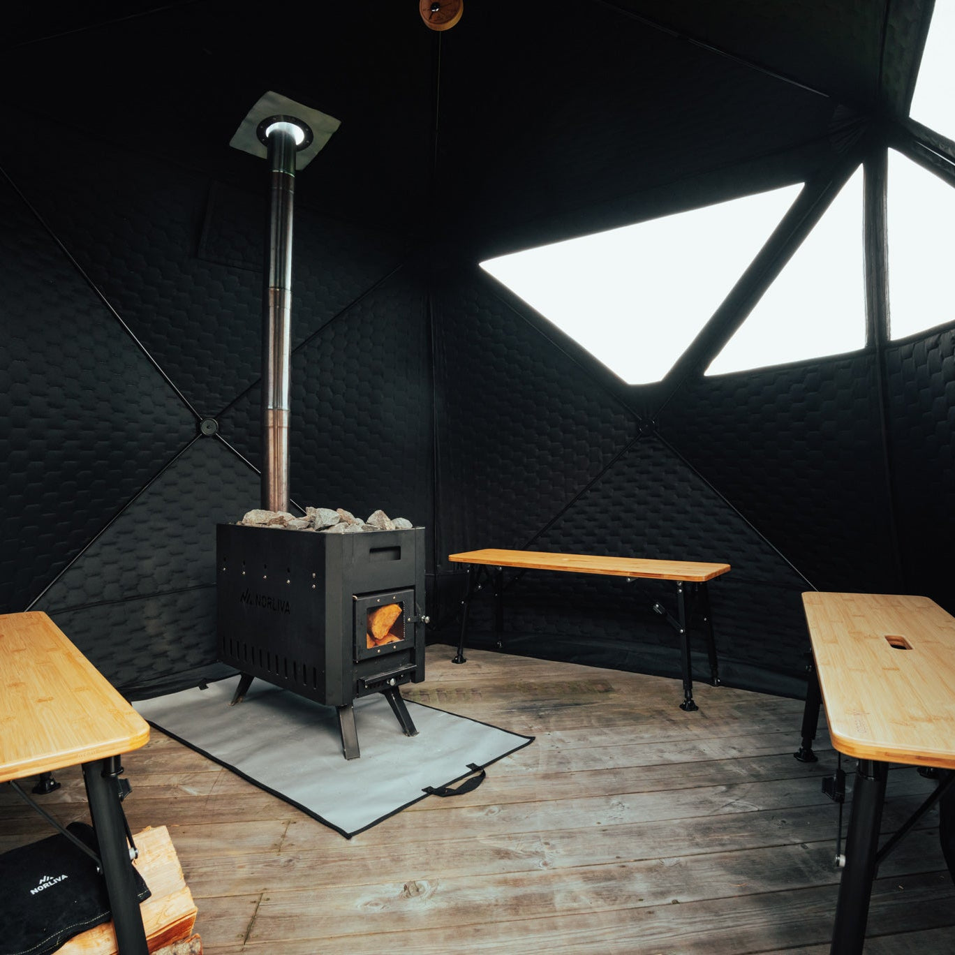 Set: Tente de sauna Dalen 3.0 + poêle + accessoires de sauna + housse de protection contre la pluie + banc à deux niveaux