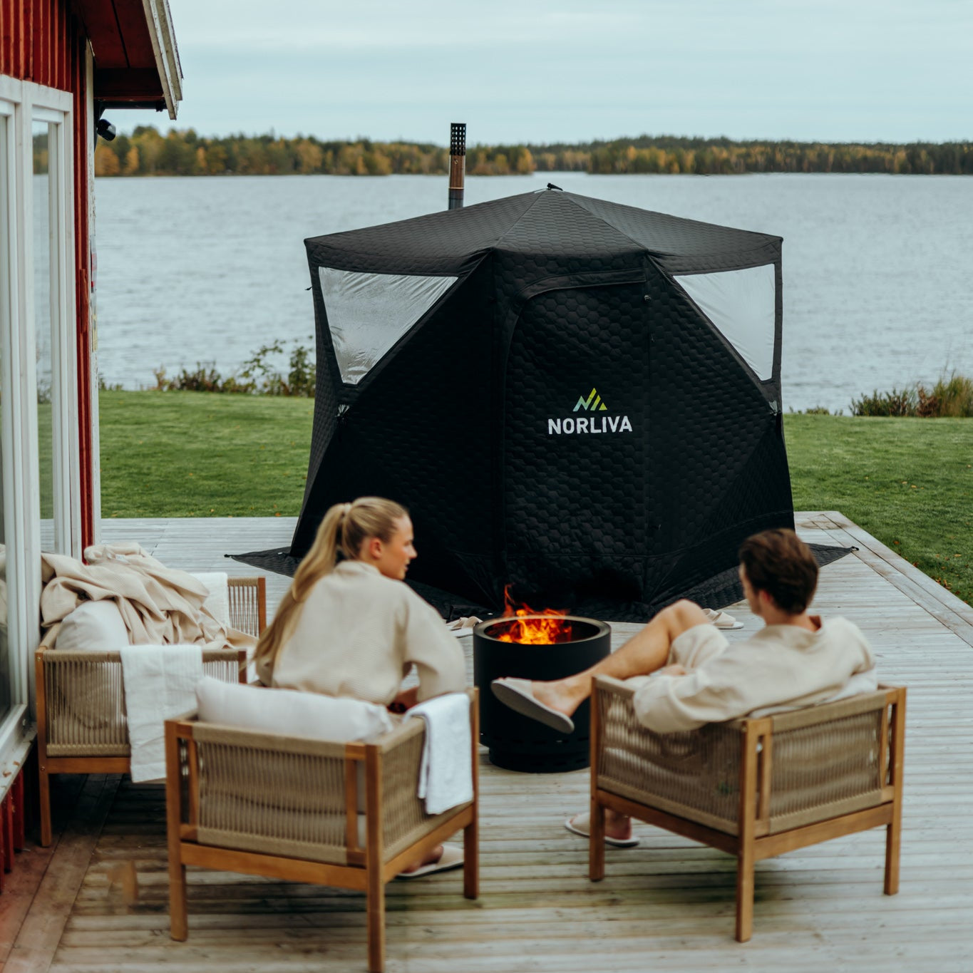 Set: Tente de sauna Dalen 3.0 + poêle + accessoires de sauna + housse de protection contre la pluie + banc à deux niveaux