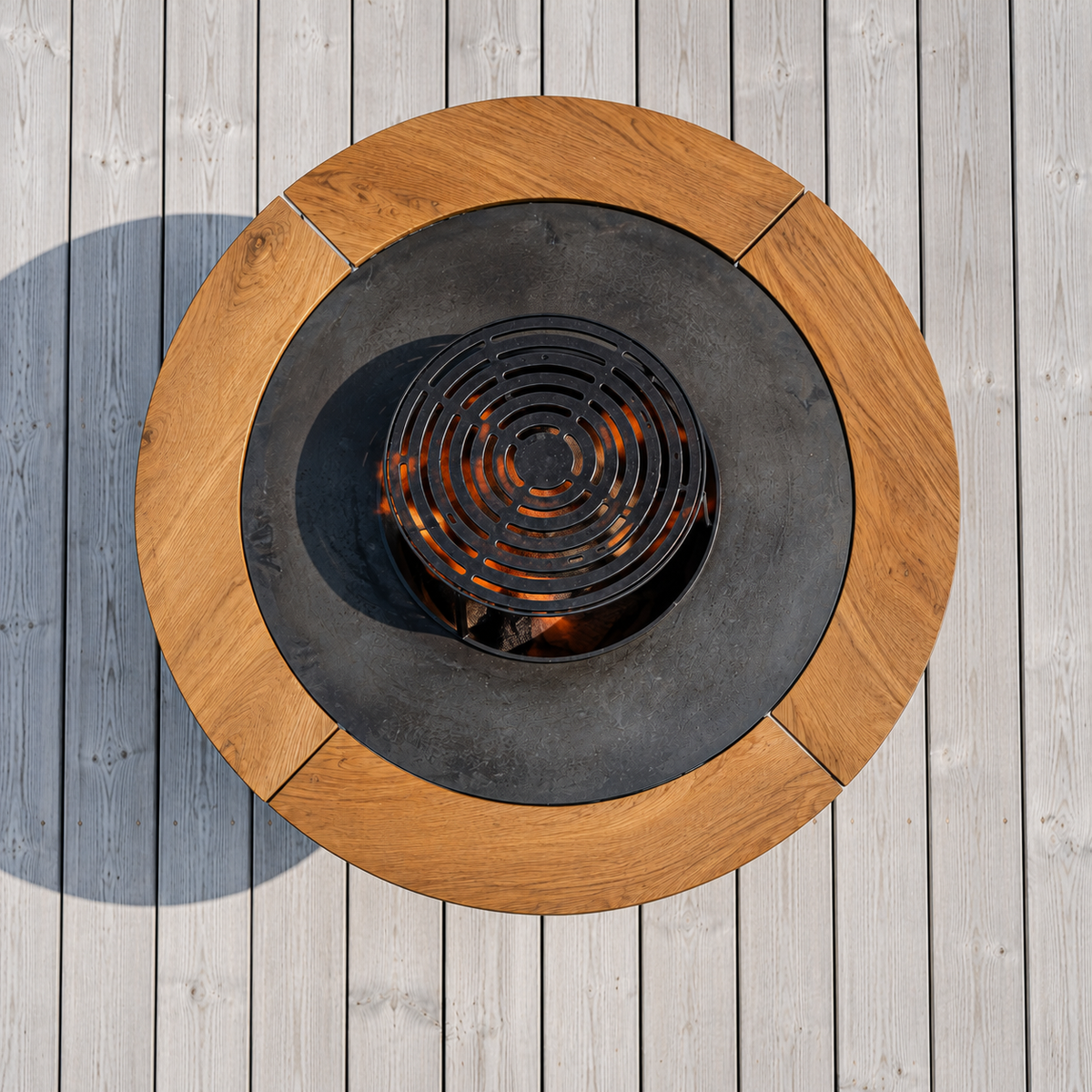 Ensemble : gril plancha à feu Aska + accessoires de barbecue + roulettes + bordure en bois en 4 pièces