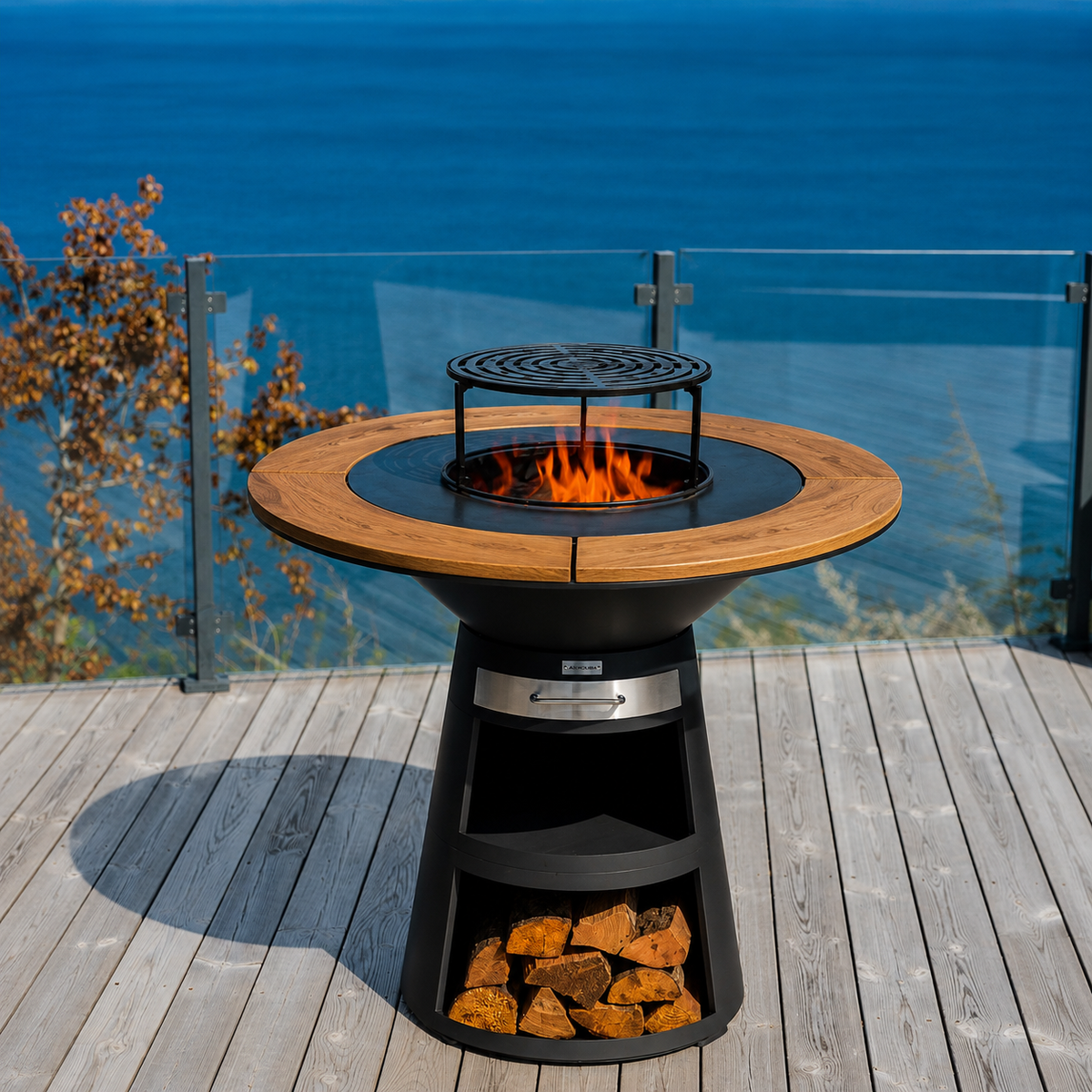 Ensemble : gril plancha à feu Aska + accessoires de barbecue + roulettes + bordure en bois en 4 pièces