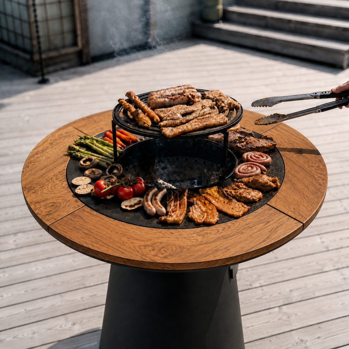 Ensemble : gril plancha à feu Aska + accessoires de barbecue + roulettes + bordure en bois en 4 pièces