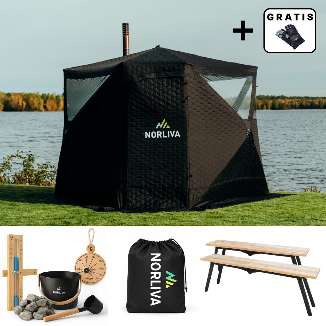 Ensemble : Tente de sauna Dalen 3.0 + poêle + accessoires de sauna + protection contre la pluie + bancs