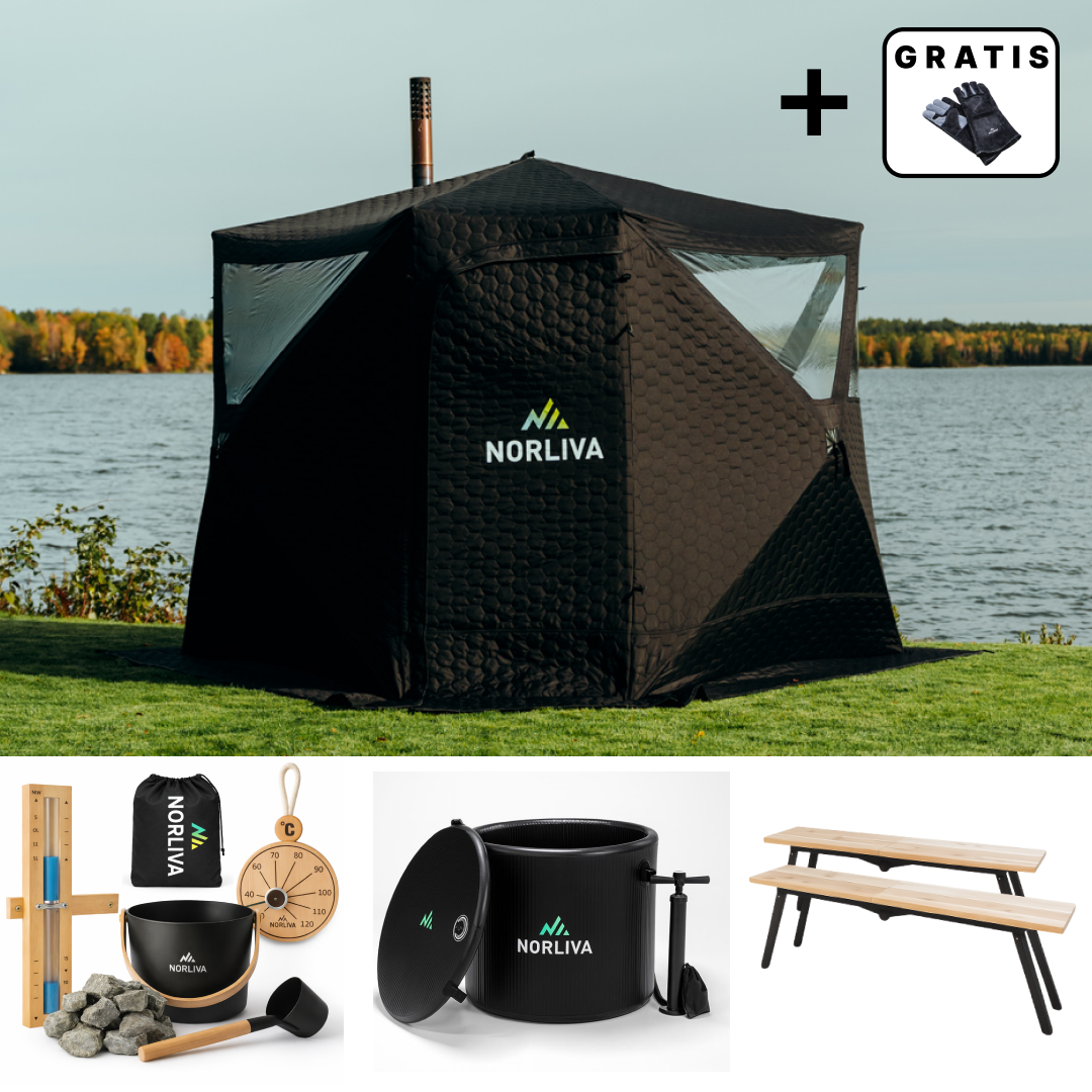 Ensemble : Tente sauna Dalen 3.0 + Poêle + Accessoires de sauna + Housse de protection contre la pluie + Bancs + Baignoire froide
