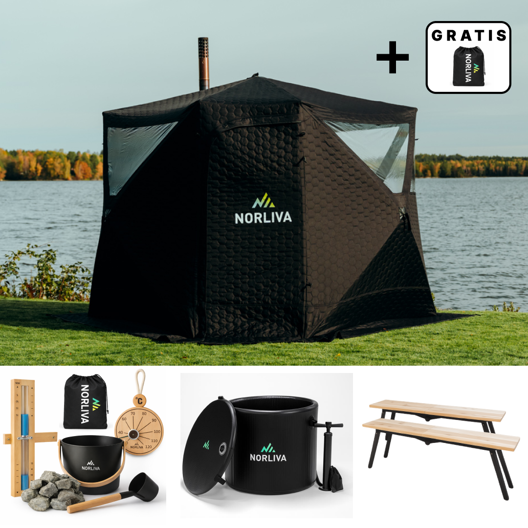 Ensemble : tente-sauna Dalen 3.0 + poêle + accessoires de sauna + bancs + tonneau à glace