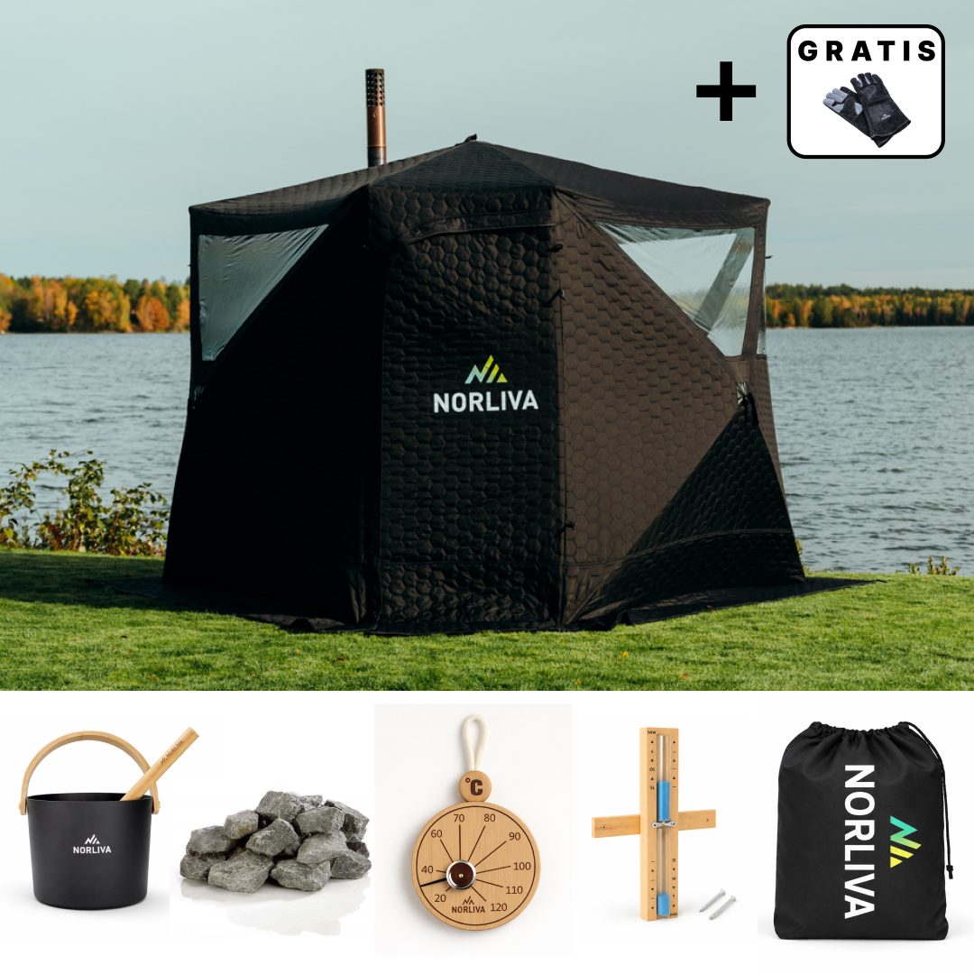 Ensemble : Tente de sauna Dalen 3.0 + poêle + accessoires de sauna + protection pluie