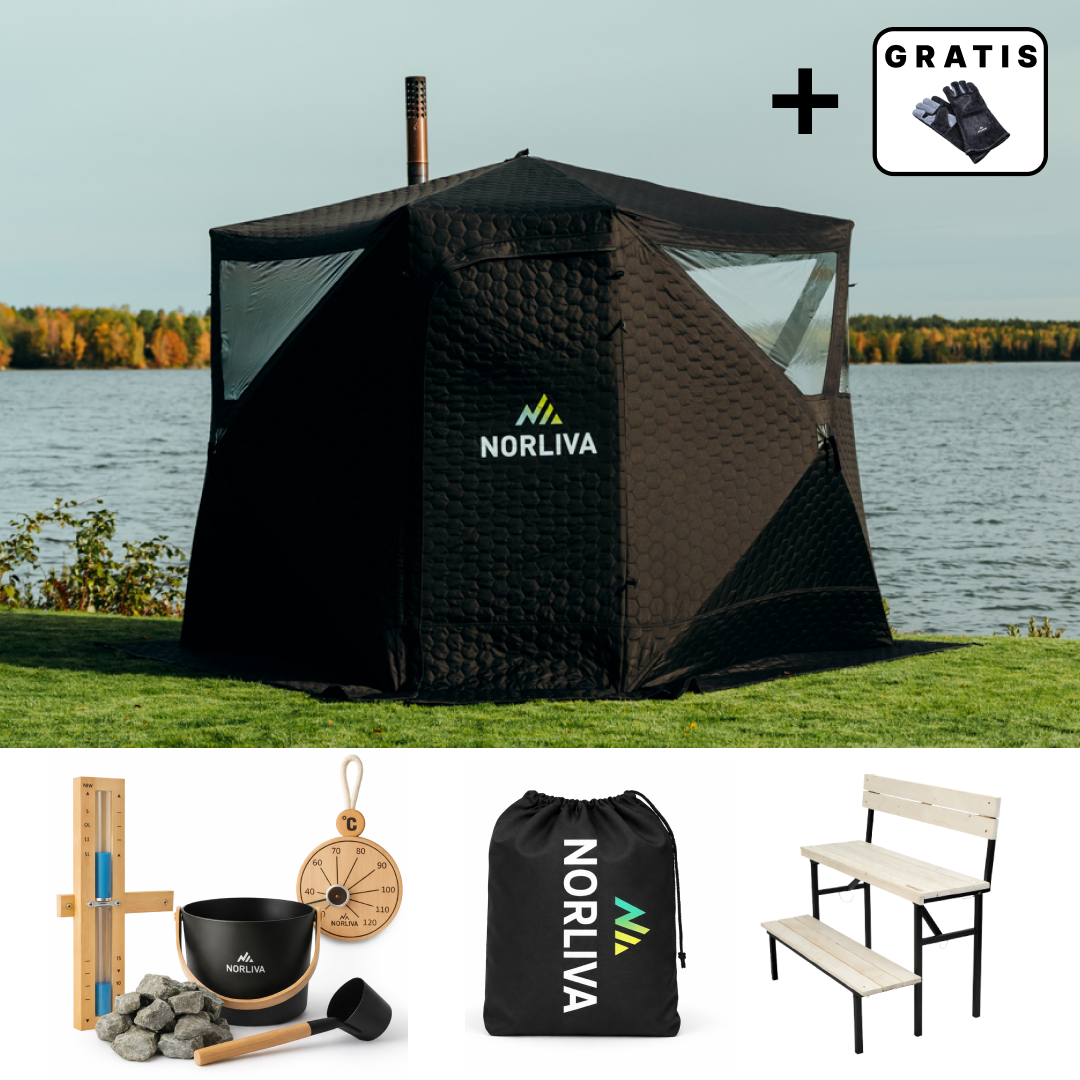 Set: Tente de sauna Dalen 3.0 + poêle + accessoires de sauna + housse de protection contre la pluie + banc à deux niveaux