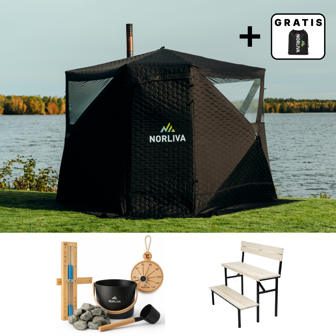Ensemble : tente-sauna Dalen 3.0 + poêle + accessoires de sauna + banc à deux niveaux