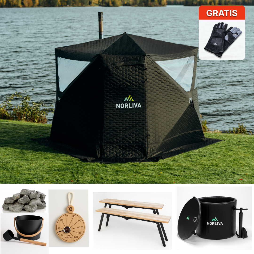 Ensemble : tente sauna Dalen + poêle + accessoires sauna + bancs + baignoire glacée