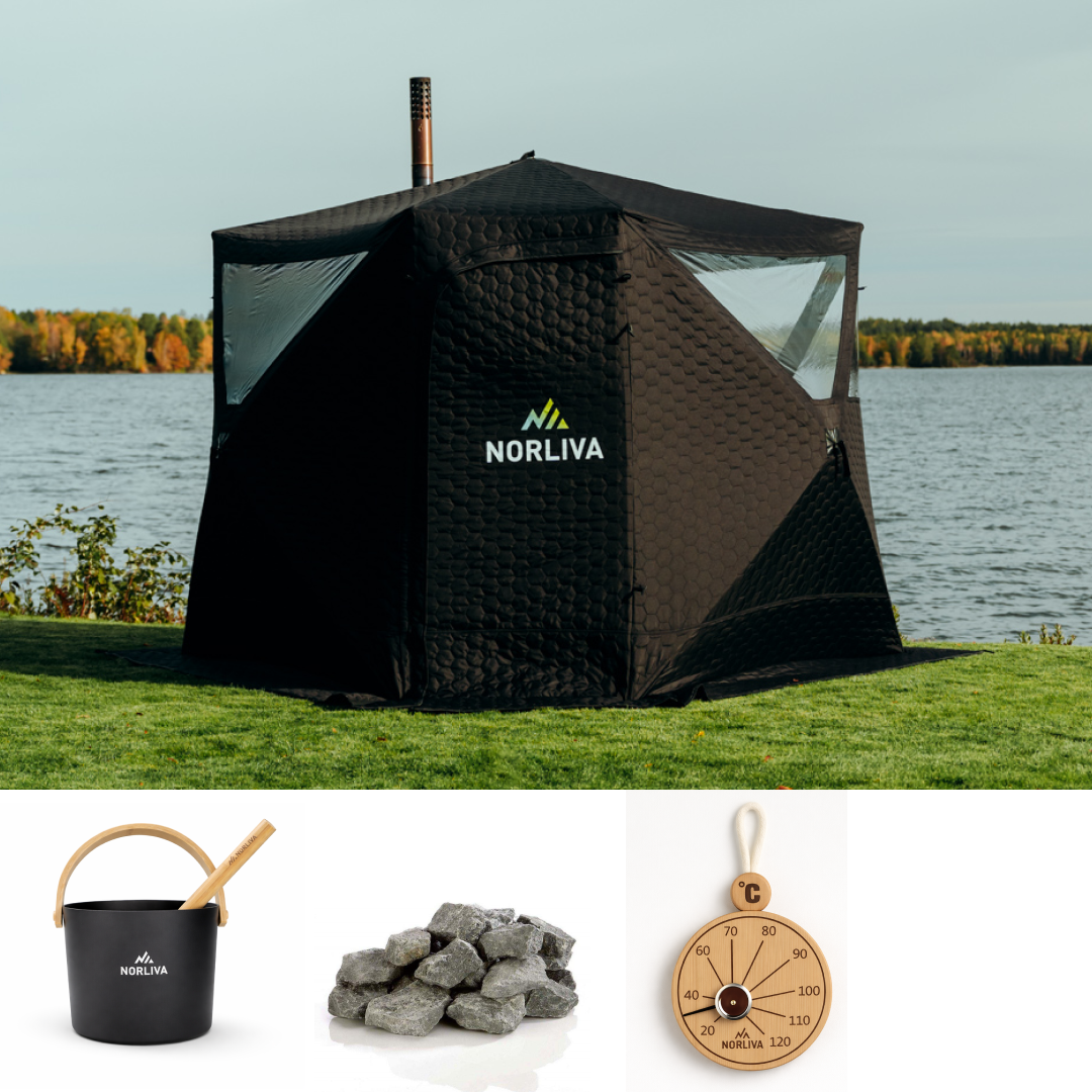 Set : tente sauna Dalen 3.0 + poêle + accessoires de sauna