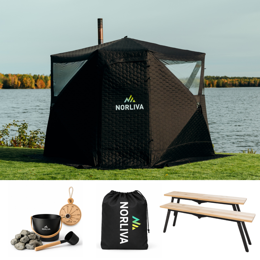 Ensemble : tente sauna Dalen 3.0 + poêle + accessoires de sauna + protection contre la pluie + bancs