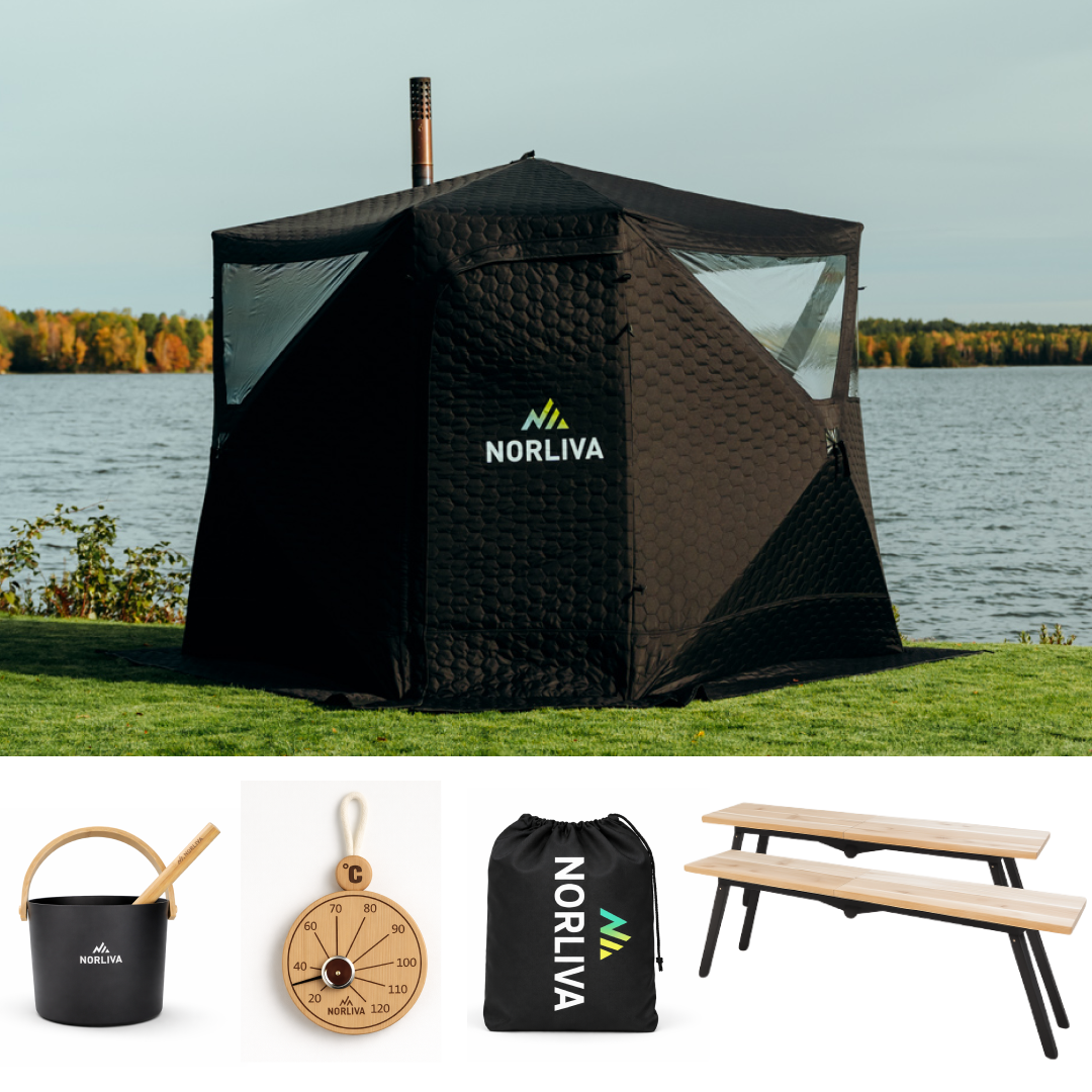 Ensemble : tente sauna Dalen 3.0 + poêle + accessoires de sauna + protection contre la pluie + bancs
