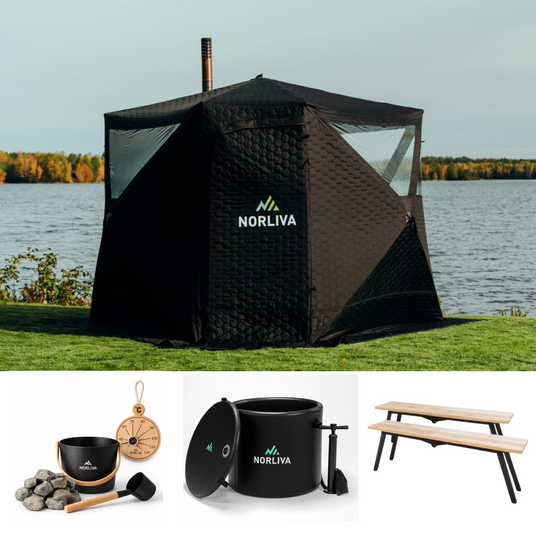 Ensemble : tente sauna Dalen 3.0 + poêle + accessoires de sauna + protection contre la pluie + bancs + tonneau de glace