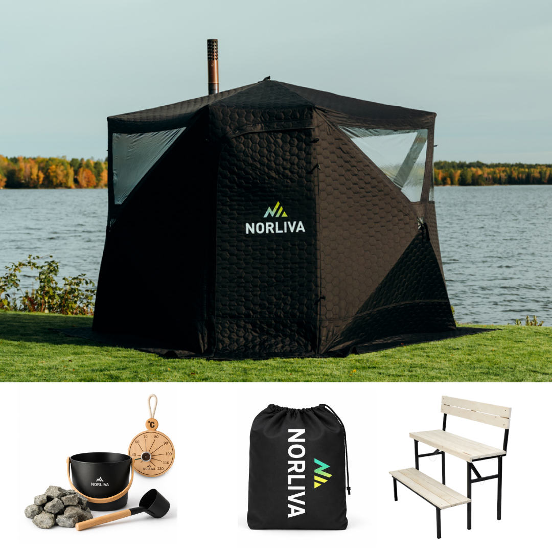 Ensemble : tente sauna Dalen 3.0 + poêle + accessoires de sauna + protection contre la pluie + banc à deux niveaux