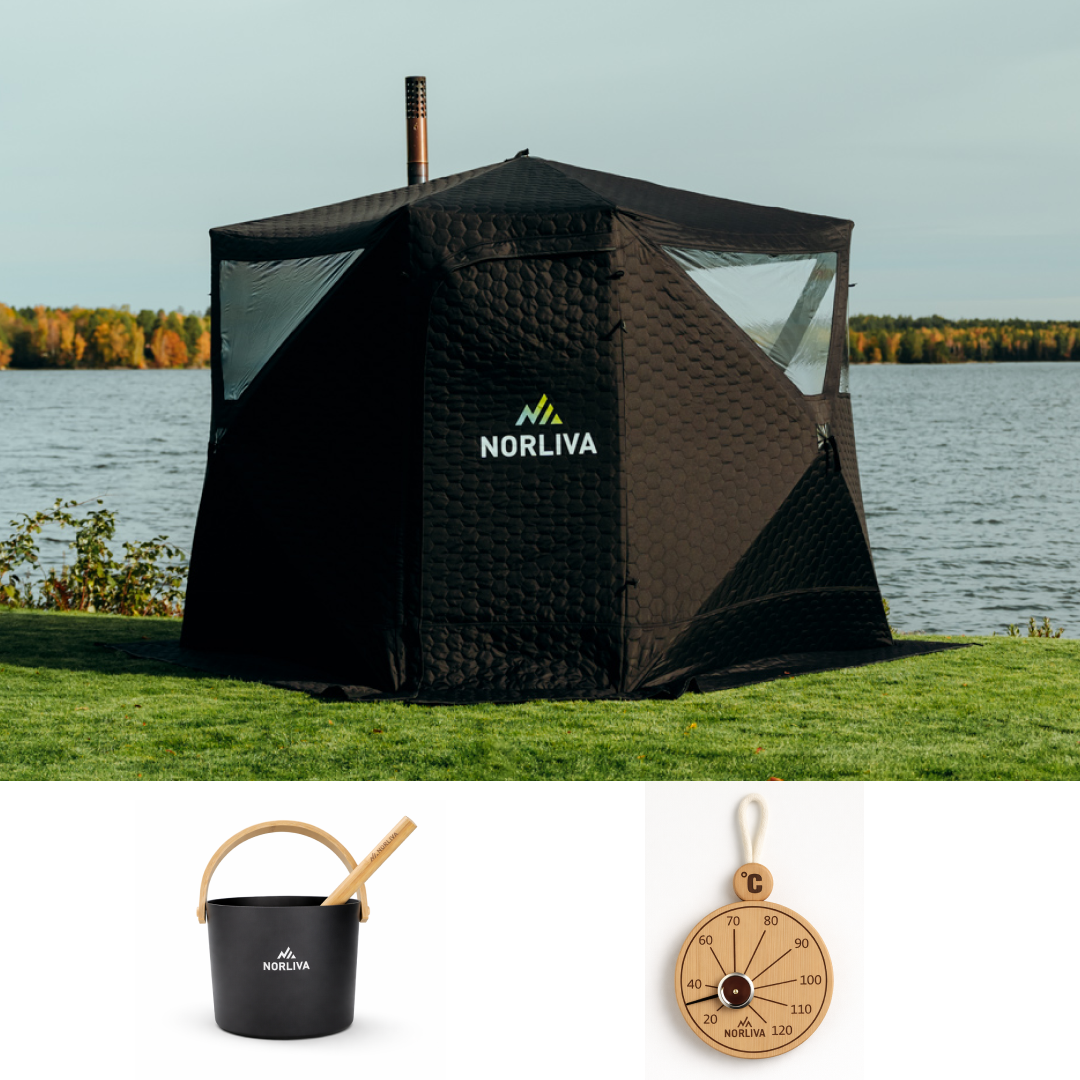 Ensemble : tente-sauna Dalen 3.0 + poêle + accessoires de sauna