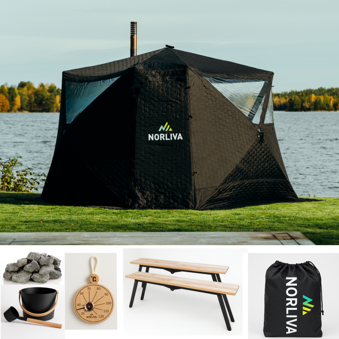 Ensemble : tente sauna Fjorden + poêle + accessoires sauna + protection contre la pluie + bancs