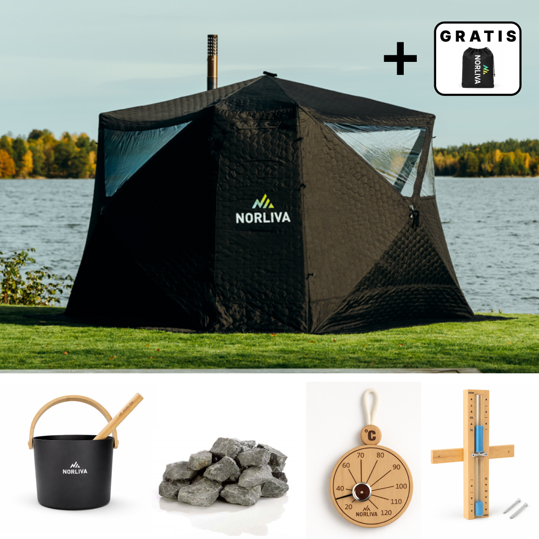 Ensemble : tente-sauna Fjorden + poêle + accessoires de sauna