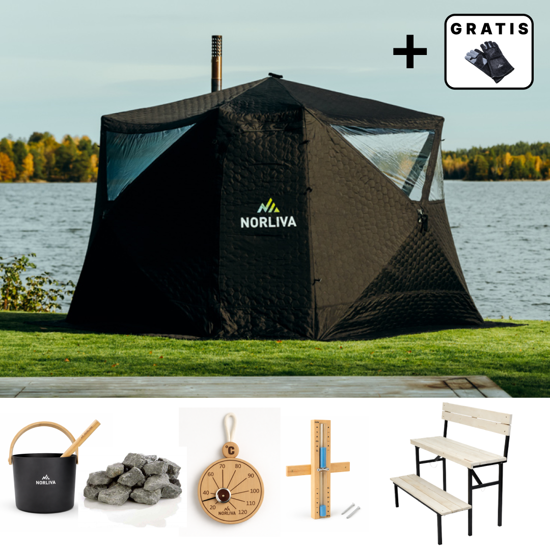 Tente de sauna Fjorden + poêle de sauna + accessoires de sauna + banc à deux niveaux