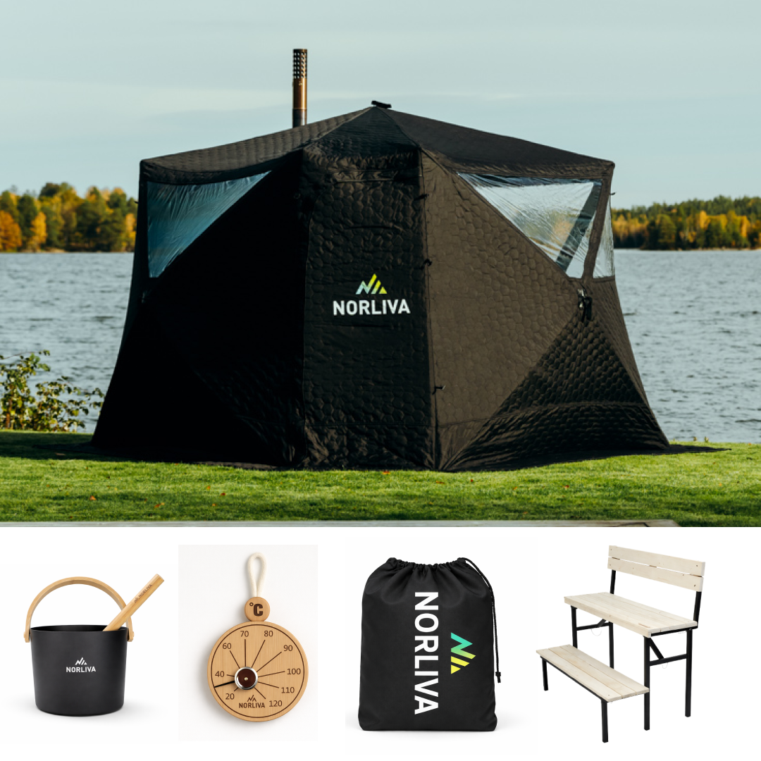 Ensemble : tente-sauna Fjorden + poêle + accessoires de sauna + banc à deux niveaux